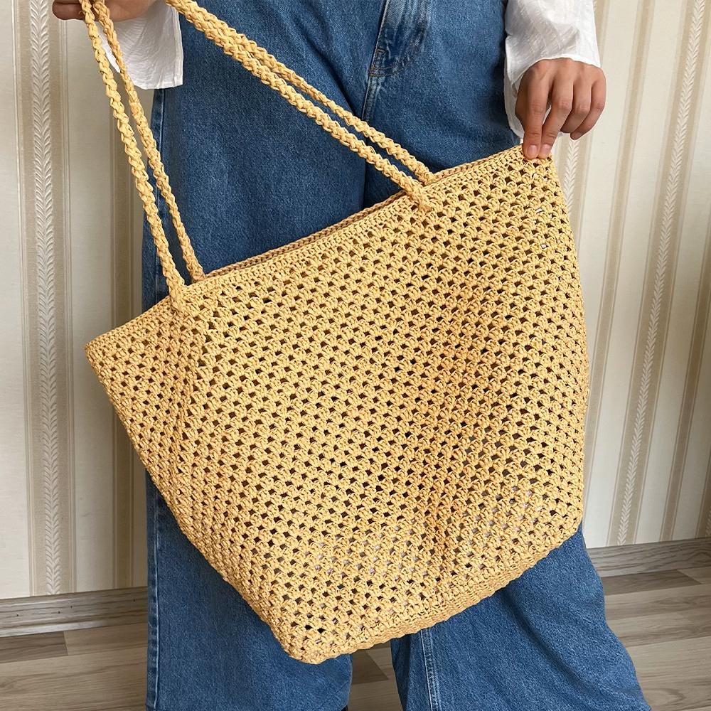かぎ針編みラフィアビーチバッグの型紙：簡単ボヘミアントートバッグ