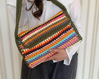 Colorful T-Shirt Yarn Shoulder Bag Crochet Pattern - Digital PDF Tutorial