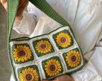 Patrón de bolso de ganchillo con girasoles: Bolso cuadrado de abuela DIY (Patrón PDF)