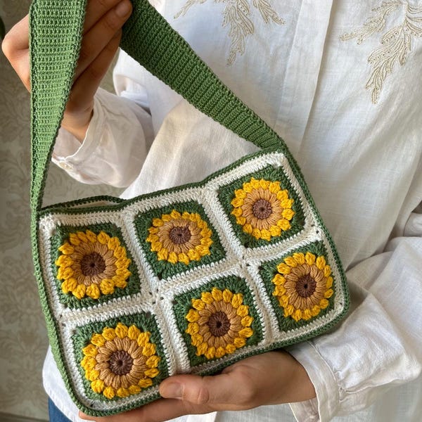 Modèle de sac tournesol au crochet : sac à main carré grand-mère à faire soi-même (modèle PDF)