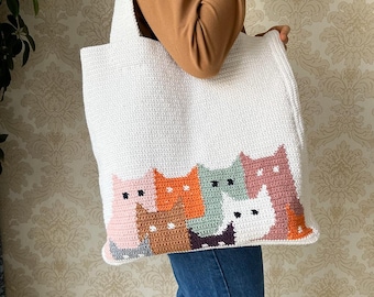 Crochet Cat Tote Bag Pattern: Colorful Animal Design (PDF Digital Download)