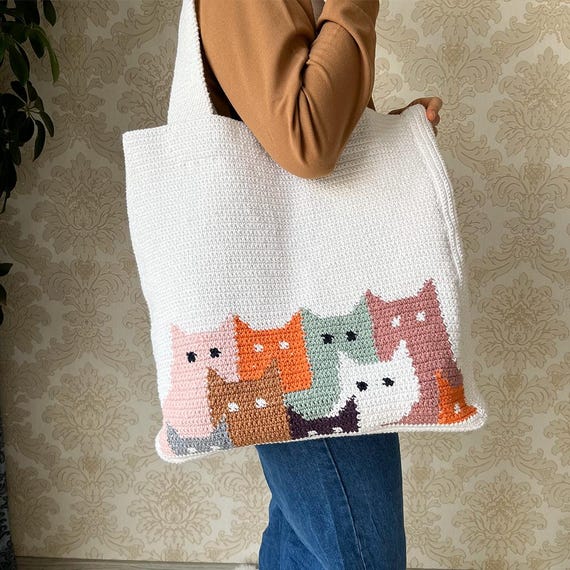 Crochet Cat Tote Bag Pattern: Colorful Animal Design (PDF Digital Download)
