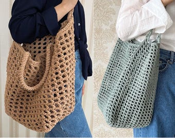 Patrón PDF para bolso de malla a crochet, patrón fácil para bolso de mercado a crochet, patrón DIY para bolso de playa reutilizable de verano con dos opciones de hilo