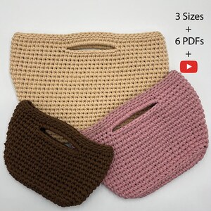 May include: Three crochet handbags in beige, pink, and brown. Each bag has a rectangular shape with a handle and a cutout. The image includes text that reads "3 Sizes + 6 PDFs +" and a YouTube play button icon.