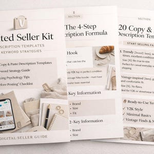 Può includere: Una guida digitale per venditori intitolata "Vinted Seller Kit" con modelli di descrizione e strategie di parole chiave. La guida include 30 modelli di descrizione copia e incolla, una guida alle strategie di parole chiave e suggerimenti sulla psicologia dei prezzi. Sono visibili uno smartphone e un taccuino.