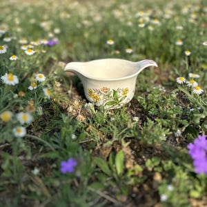May include: Cream-colored gravy boat with a floral design featuring yellow and pink flowers and green leaves. The boat has a curved spout and a decorative rim with purple stripes. The gravy boat is set in a field of wildflowers.
