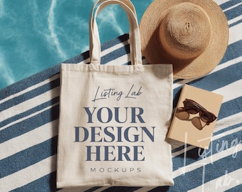 15x16 Poolside Natural Tote bag Mockup, Summer Canvas Bag Mockup, Coastal Tote bag Flat Lay, PNG Tote Mockup
