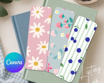 Bookmark Mockup Canva Template, Cute Pastel Bookmark Mockup, Printable Bookmark Template, Blueberry Gingham Bookmark Mockup with 3 Bookmarks