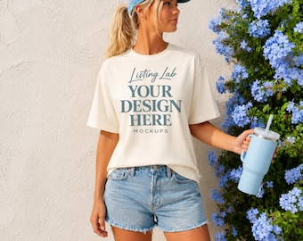 Ivory C1717 Mockup Comfort Colors 1717 T-shirt Blue Stanley Summer Mock Levis Shorts Preppy Beach Shirt Mockup, Female Model Mockup, PNG