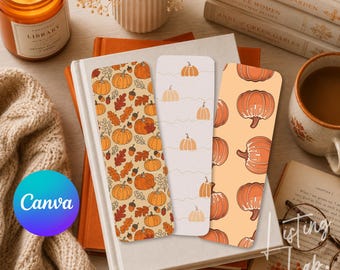 Bookmark Mockup Canva Template, Fall Bookmark Mockup, Cozy Autumn Printable Bookmark Display, Pumpkin Bookmark Mockup with 3 Bookmarks