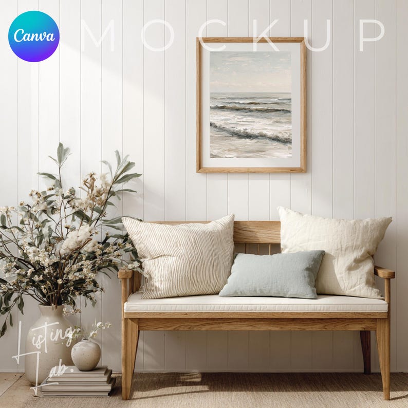 Coastal farmhouse frame mockup bundle for Canva with 25 rustic beach house wall art mockups featuring wood textures, woven baskets, blue accents, and coastal décor.