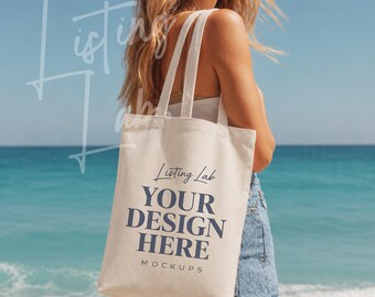 Beach Tote Bag Mockup, Coastal Tote PNG Mockup, Woman Holding Canvas Tote Mockup, Summer Tote Bag Mockup, Vacation Tote Mockup