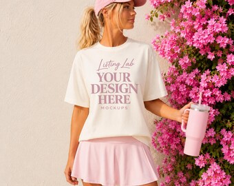 Ivory C1717 Mockup Comfort Colors 1717 T-shirt Pink Summer Mock Preppy Beach Shirt Mockup, Female Model Mockup, PNG