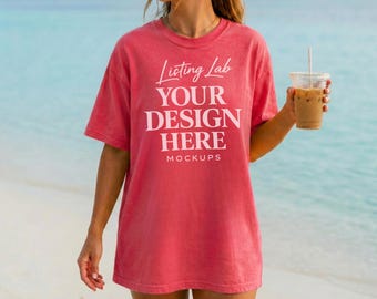 Crunchberry C1717 Mockup Comfort Colors T-shirt Mockup Summer Mocks Beach Model Mockup C1717 Shirt Mock Crunchberry Beachy Mockup, PNG