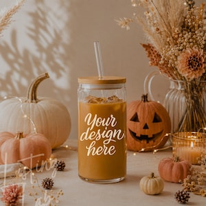 Glass Can with Straw and Lid Mockup, Autumn Summerween 16 oz Glass Beer Can Mock, Halloween Sipper Glass Mocks, Cozy Fall Spooky Mock, PNG