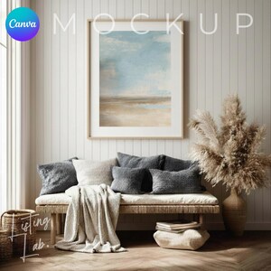 Coastal farmhouse frame mockup bundle for Canva with 25 rustic beach house wall art mockups featuring wood textures, woven baskets, blue accents, and coastal décor.