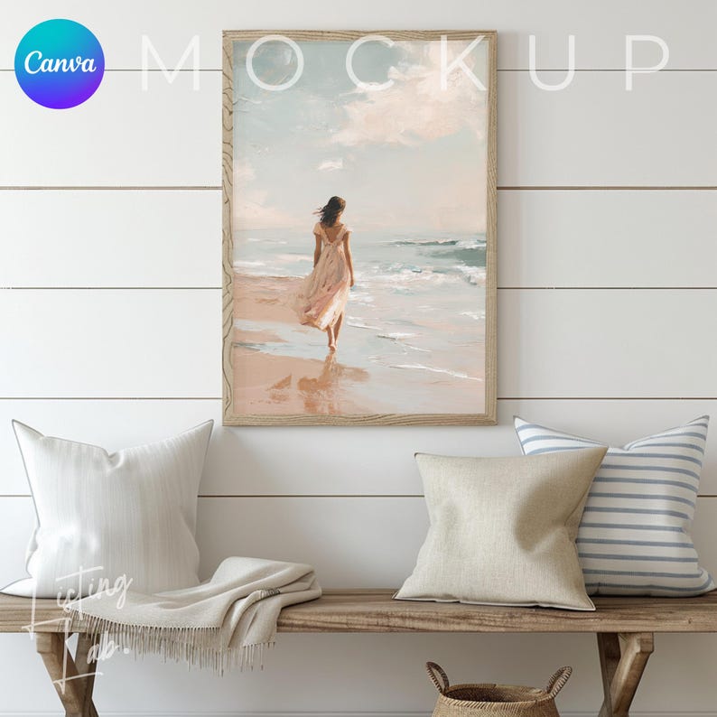 Coastal farmhouse frame mockup bundle for Canva with 25 rustic beach house wall art mockups featuring wood textures, woven baskets, blue accents, and coastal décor.