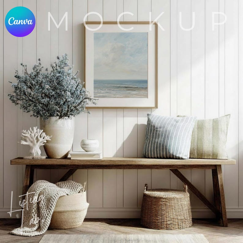 Coastal farmhouse frame mockup bundle for Canva with 25 rustic beach house wall art mockups featuring wood textures, woven baskets, blue accents, and coastal décor.