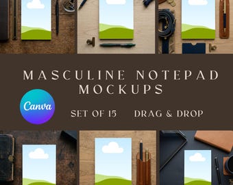 Masculine Notepad Mockup Bundle, Canva Drag and Drop Notepad Mockups, 5x7 Notepad Mockup Set, Men’s Stationery Mockup, Set of 15