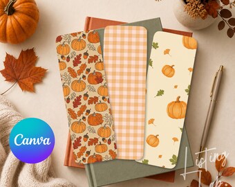 Bookmark Mockup Canva Template, Fall Bookmark Mockup, Autumn Printable Bookmark Display, Pumpkin Bookmark Mockup with 3 Bookmarks