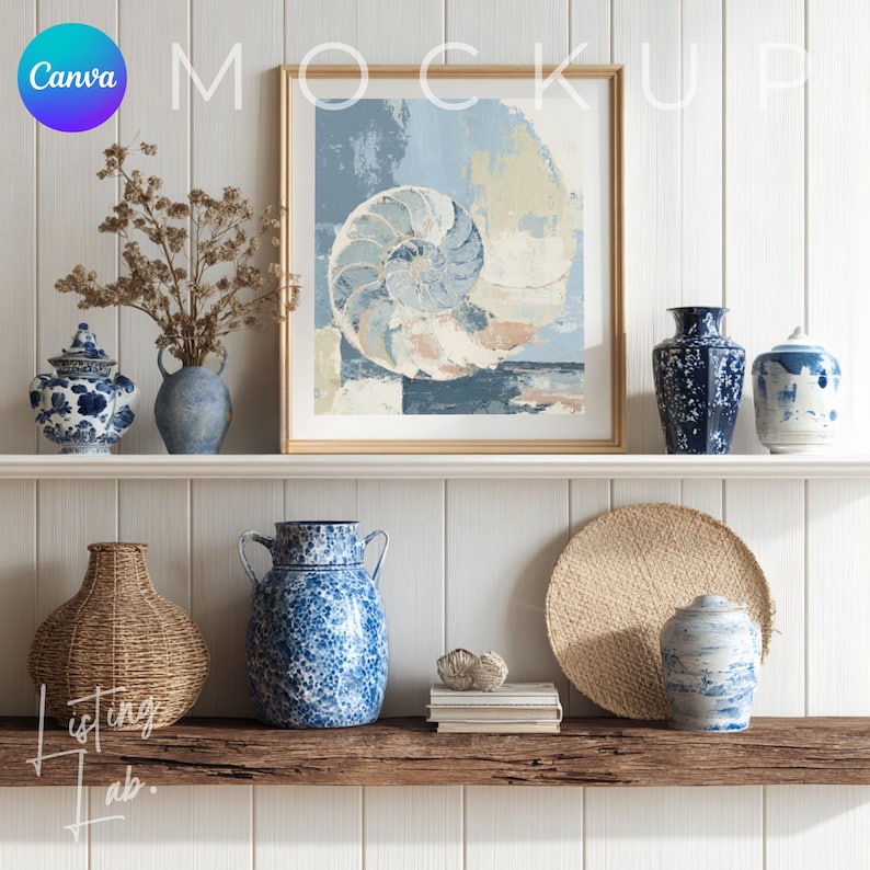 Coastal farmhouse frame mockup bundle for Canva with 25 rustic beach house wall art mockups featuring wood textures, woven baskets, blue accents, and coastal décor.