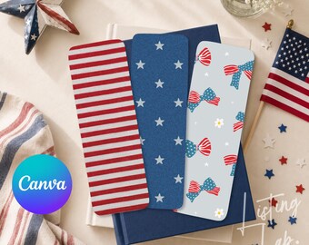 Bookmark Canva Template, 4th of July Bookmark Template, Printable Bookmark Design, USA Bookmarks, Patriotic Bookmark Mockup with 3 Bookmarks