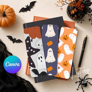 Könnte beinhalten: Drei rechteckige Lesezeichen mit Halloween-Motiven. Eines zeigt ein weiß-schwarz-oranges Muster mit Geistern und Totenköpfen. Das zweite ist dunkelviolett mit weißen Geistern, die Kerzen halten, und orangefarbenen Kürbissen. Das dritte ist orange mit weißen Geistern und Kürbisköpfen.