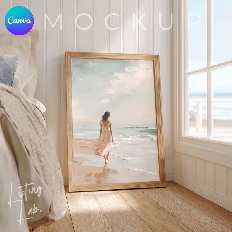 Coastal farmhouse frame mockup bundle for Canva with 25 rustic beach house wall art mockups featuring wood textures, woven baskets, blue accents, and coastal décor.
