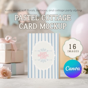 May include: A pastel cottage card mockup with a blue and white striped design. The card features the text "HAPPY BIRTHDAY, LOVE!" in pink. The image includes balloons, flowers, and gift boxes, with the Canva logo.