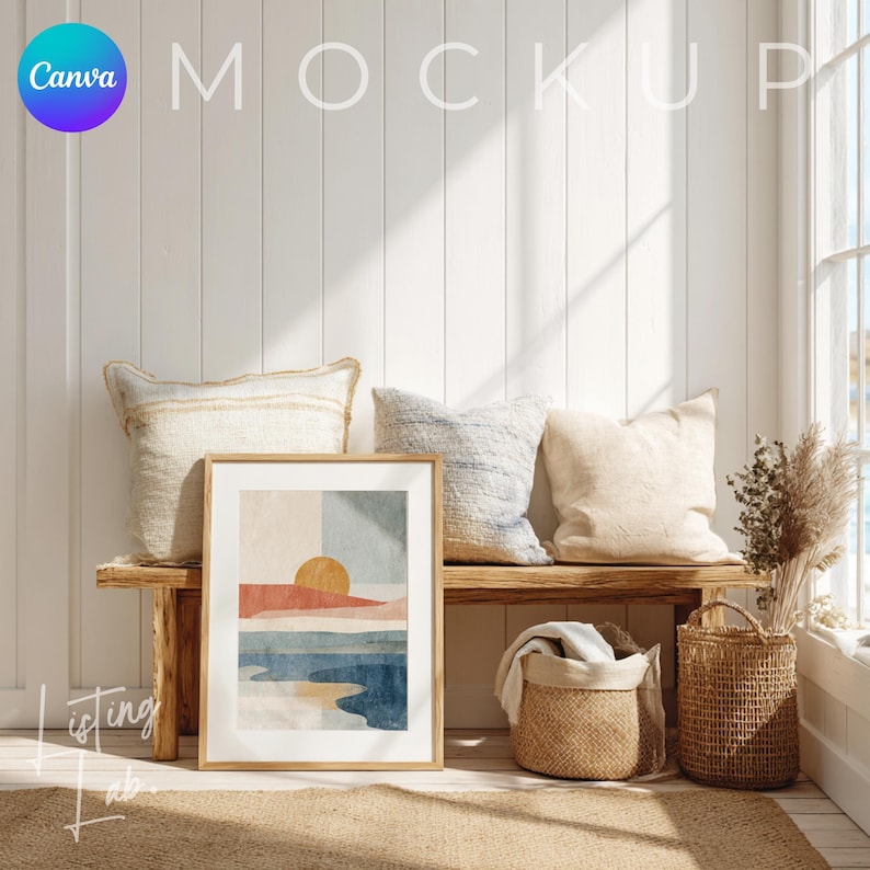 Coastal farmhouse frame mockup bundle for Canva with 25 rustic beach house wall art mockups featuring wood textures, woven baskets, blue accents, and coastal décor.