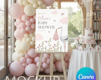 Bundle de maquette de plaque de bienvenue pour baby shower 18 x 24, maquette de plaque de chevalet Canva, modèle de plaque de bienvenue modifiable, maquette de plaque de baby shower (10 styles)