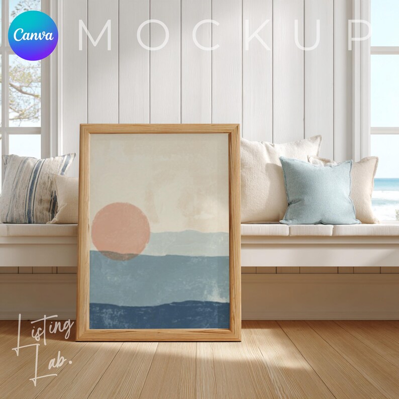 Coastal farmhouse frame mockup bundle for Canva with 25 rustic beach house wall art mockups featuring wood textures, woven baskets, blue accents, and coastal décor.