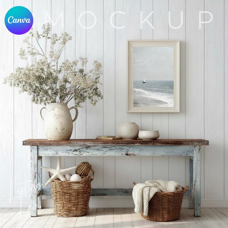 Coastal farmhouse frame mockup bundle for Canva with 25 rustic beach house wall art mockups featuring wood textures, woven baskets, blue accents, and coastal décor.