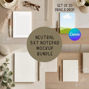 May include: A digital mockup bundle featuring 5x7 inch notepads, including a to-do list template and a landscape illustration with a cloud. The set includes 20 drag and drop files for Canva, displayed with pens, glasses, and eucalyptus leaves.