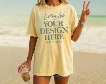Butter C1717 Mockup Comfort Colors T-shirt Mockup Summer Mocks Beach Model Mockup C1717 Shirt Mock Butter Yellow CC1717 Beachy Mockup, PNG