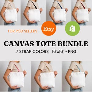 May include: White canvas tote bag bundle with seven strap color options. The bags are 16"x16" and feature various strap colors, including black, navy, red, pink, and light blue. The text on the image reads "CANVAS TOTE BUNDLE".