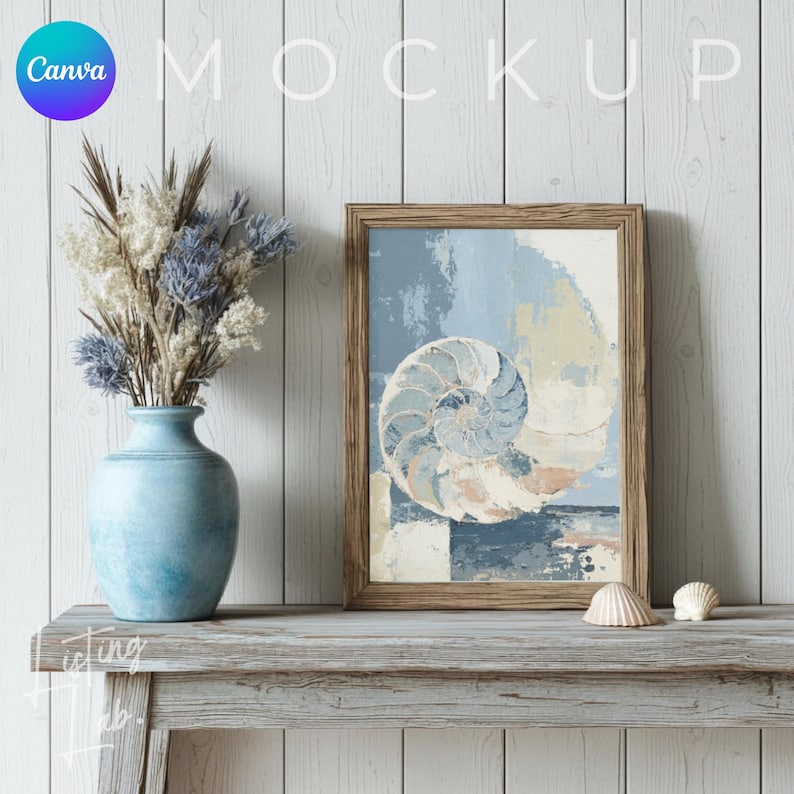 Coastal farmhouse frame mockup bundle for Canva with 25 rustic beach house wall art mockups featuring wood textures, woven baskets, blue accents, and coastal décor.