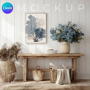 Coastal farmhouse frame mockup bundle for Canva with 25 rustic beach house wall art mockups featuring wood textures, woven baskets, blue accents, and coastal décor.