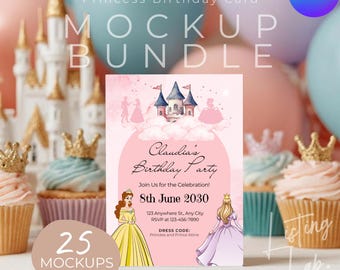 5x7 Princess Birthday Invitation Mockup Bundle, Canva Invitation Mockup, Kids Party Card Mockup, Pink Party Invitation Mockup, Set of 25