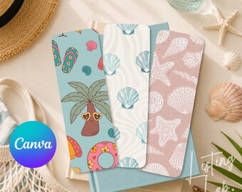 Bookmark Canva Template, Beach Bookmark Template, Printable Bookmark Design, Coastal Summer Bookmark Mockup with 3 Bookmarks