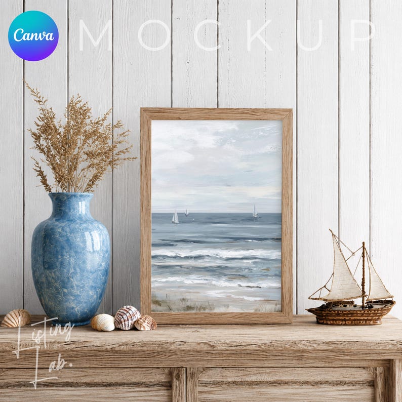 Coastal farmhouse frame mockup bundle for Canva with 25 rustic beach house wall art mockups featuring wood textures, woven baskets, blue accents, and coastal décor.
