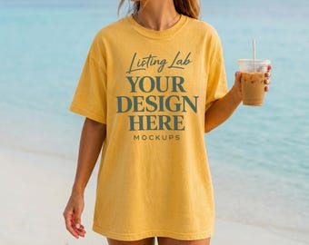 Banana C1717 Mockup Comfort Colors T-shirt Mockup Summer Mocks Model Mockup C1717 Shirt Mock Banana Yellow Comfort Colors Beachy Mockup, PNG