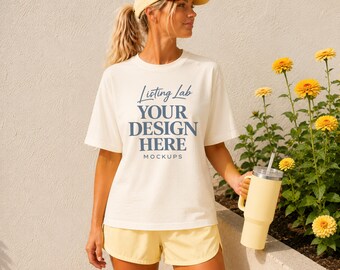 Ivory C1717 Mockup Comfort Colors 1717 T-shirt Yellow Stanley Summer Mock Preppy Beach Shirt Mockup, Female Model Mockup, PNG