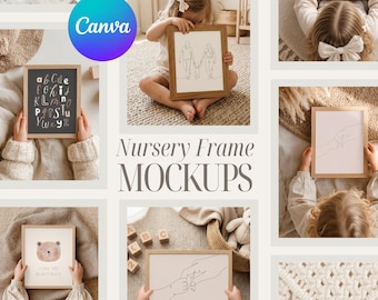 Neutral Nursery Frame Mockup Bundle, Canva Drag & Drop Nursery Art Mockups, Kids Holding Frame Mockup, Boho Nursery Wall Art Mockup, Set of6