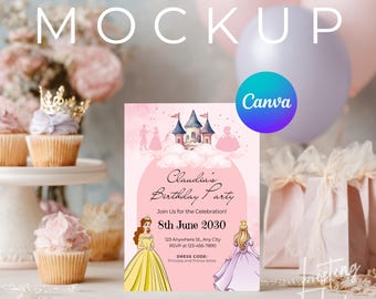 5x7 Princess Birthday Invitation Mockup Bundle, Canva Invitation Mockup, Kids Party Card Mockup, Baby Shower Invitation Mockup, Set of 25