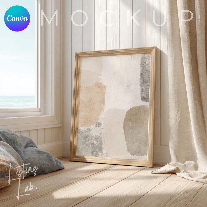 Coastal farmhouse frame mockup bundle for Canva with 25 rustic beach house wall art mockups featuring wood textures, woven baskets, blue accents, and coastal décor.