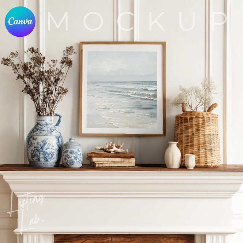 Coastal farmhouse frame mockup bundle for Canva with 25 rustic beach house wall art mockups featuring wood textures, woven baskets, blue accents, and coastal décor.