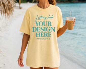 Butter C1717 Mockup Comfort Colors T-shirt Mockup Summer Mocks Model Mockup C1717 Shirt Mock Butter Yellow Comfort Colors Beachy Mockup, PNG