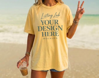 Banana C1717 Mockup Comfort Colors T-shirt Mockup Summer Mocks C1717 Shirt Mock Banana Yellow Comfort Colors Beachy Mockup, PNG