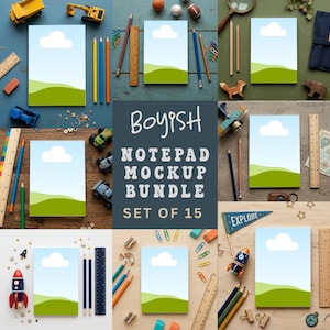 May include: A mockup bundle of 15 notepads featuring a blue sky and green landscape design. The image includes pencils, toy cars, and other stationery. The text "BOYISH NOTEPAD MOCKUP BUNDLE SET OF 15" is displayed.